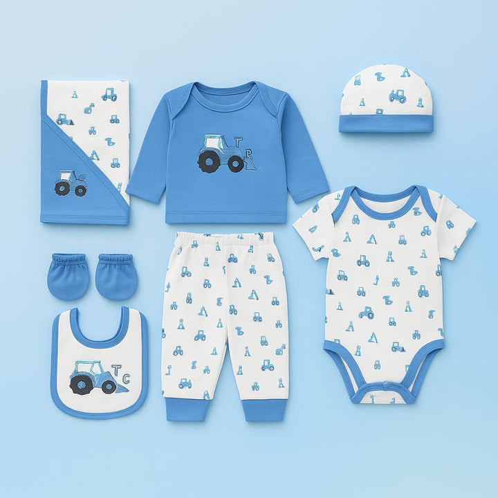 Complete Newborn Baby Kit Set (7 Pcs) made of ultra-Soft Cotton Baby Set in a classic blue/pink theme. Ideal Newborn Essentials Set for 0-3 months.