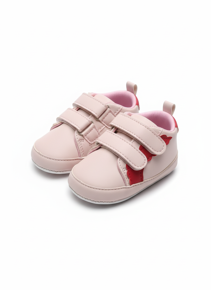 Light Pink Soft Sole Baby Girl Shoes with red accent and secure Two Strap Shoes Velcro closure for infants.