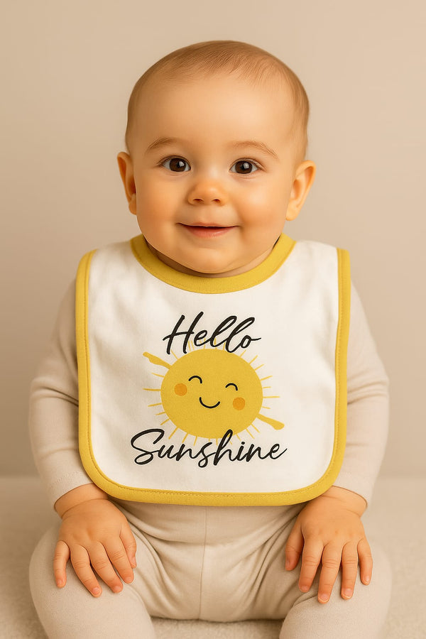 Soft Cotton Baby Bibs with yellow 'Hello Sunshine' graphic and absorbent terry backing, ideal Drooler Bib for infants.