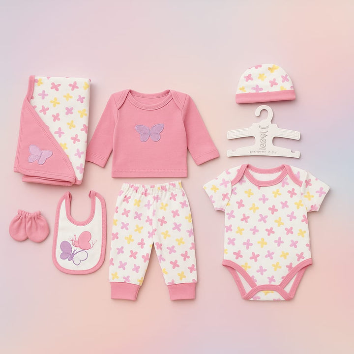 Complete Newborn Baby Kit Set (7 Pcs) made of ultra-Soft Cotton Baby Set in a classic blue/pink theme. Ideal Newborn Essentials Set for 0-3 months.