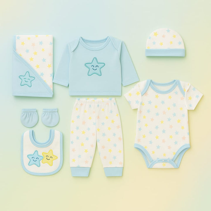Complete Newborn Baby Kit Set (7 Pcs) made of ultra-Soft Cotton Baby Set in a classic blue/pink theme. Ideal Newborn Essentials Set for 0-3 months.