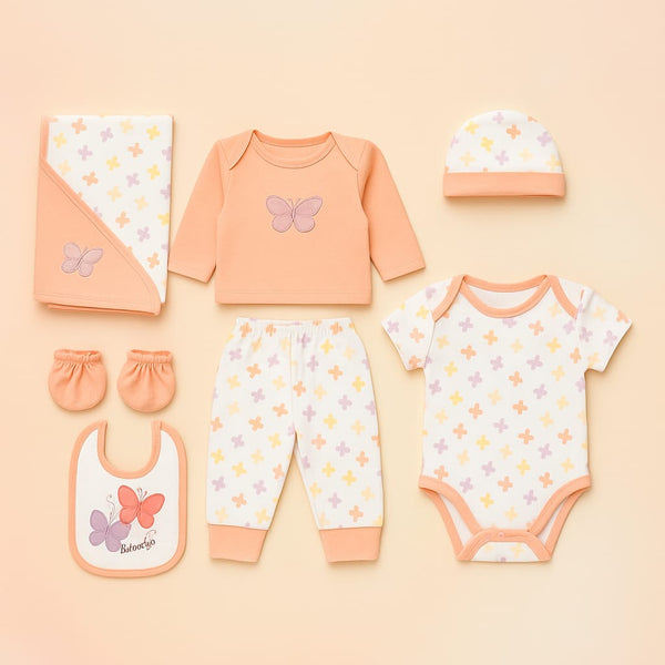 Complete Newborn Baby Kit Set (7 Pcs) made of ultra-Soft Cotton Baby Set in a classic blue/pink theme. Ideal Newborn Essentials Set for 0-3 months.